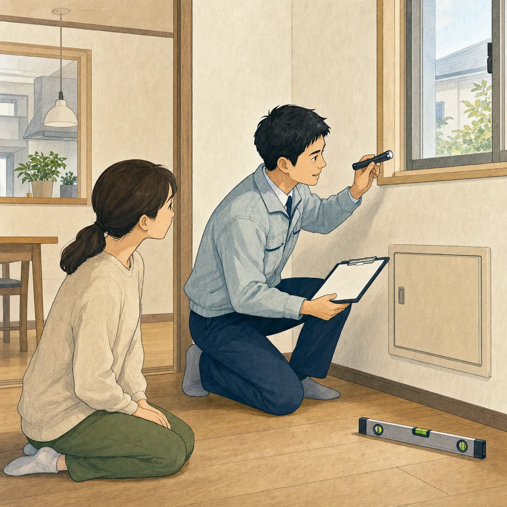 住宅点検をする日本人専門家（編集記事向け）。住宅点検、ホームインスペクション、建物診断、住宅購入の記事向け素材です。