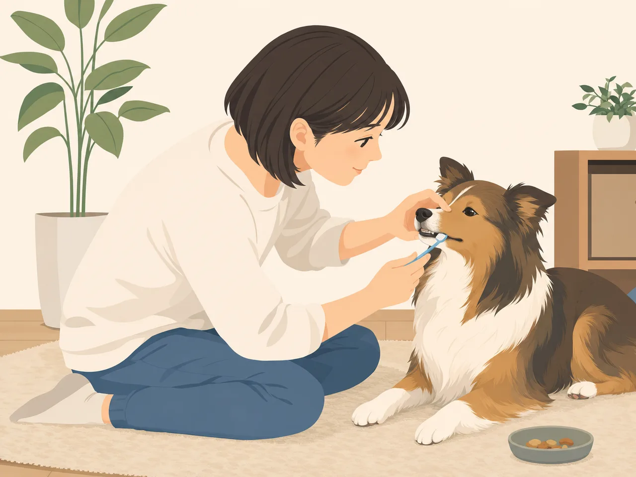 犬の歯磨きをする日本人（フラットイラスト）。犬の歯磨き、デンタルケア、ペットケア、犬の記事向け素材です。