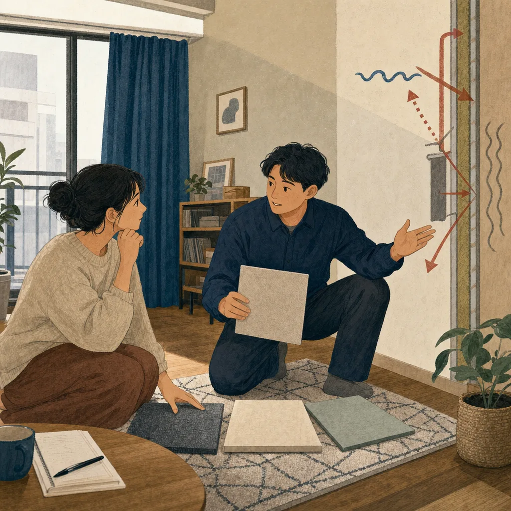 マンションの防音を相談する日本人（編集記事向け）。マンション防音、生活音、住宅改善、集合住宅の記事向け素材です。