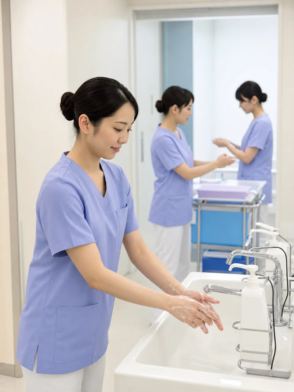 感染対策を確認する日本人医療チーム（自然な縦位置写真）。院内感染対策研修、手指衛生研修、感染対策、医療安全の記事や案内に使える商用素材です。