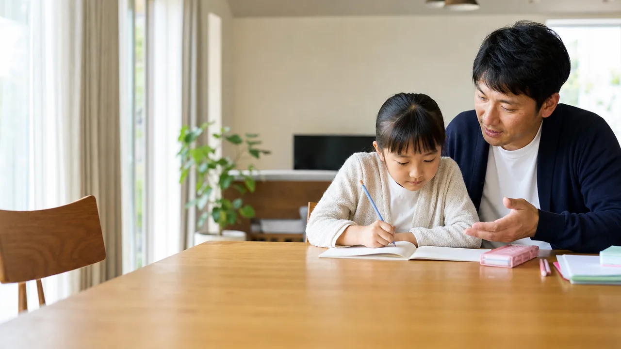 宿題に取り組む日本人の父と娘（横長・コピースペース）。父と娘、宿題、家庭学習、子育ての記事向け素材です。