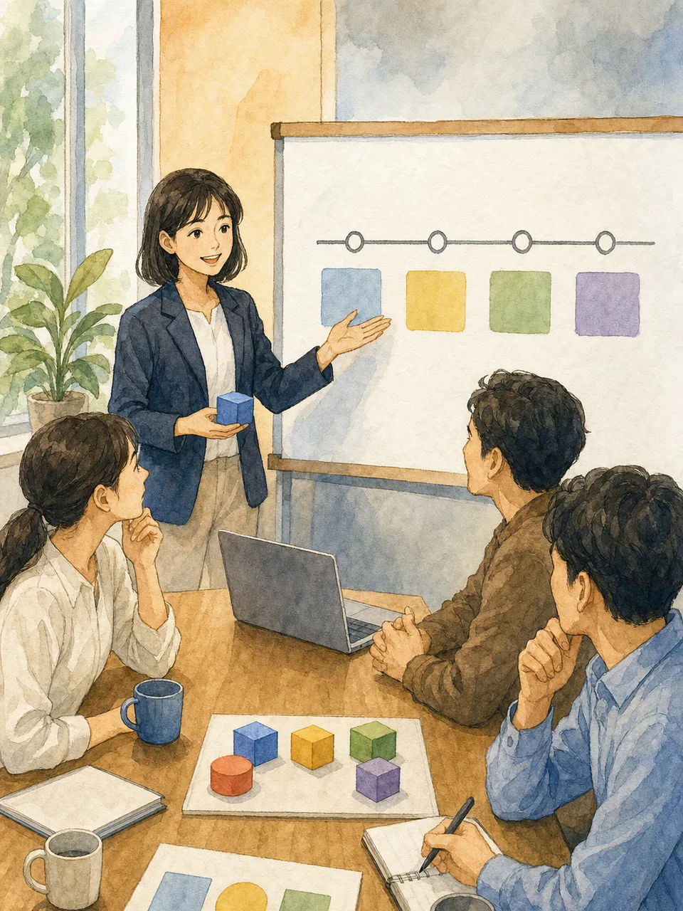 顧客導入を支援する日本人チーム（手描き水彩）。カスタマーサクセス、顧客支援、導入支援、オンボーディングの記事や案内に使える商用素材です。