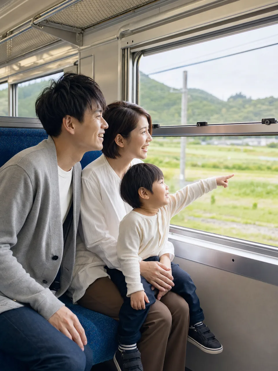 家族で出かけるローカル線の旅（自然な縦位置写真）。国内旅行、地域観光、親子のお出かけ記事に使える、日本の鉄道旅行素材です。