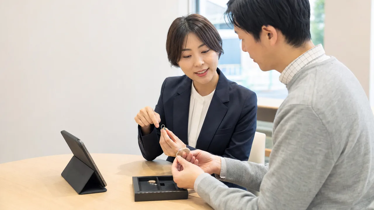 補聴器を調整する日本人専門家（横長・コピースペース）。補聴器、認定補聴器技能者、聞こえ、聴覚支援の記事や案内に使える商用素材です。