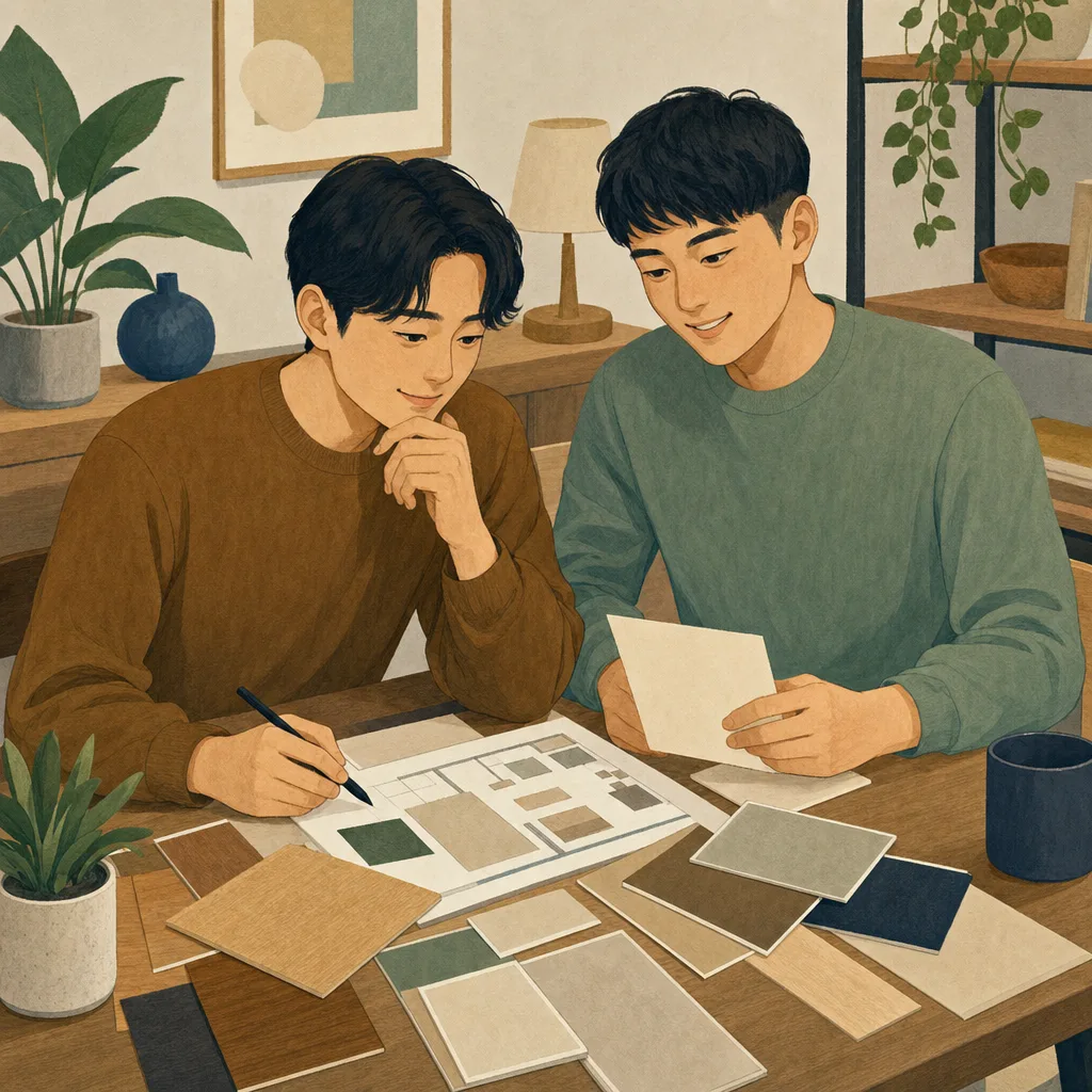 新生活を計画する日本人同性カップル（編集記事向け）。同性カップルの住宅相談、二人暮らしの住まい計画、同性カップル、LGBTQの記事や案内に使える商用素材です。