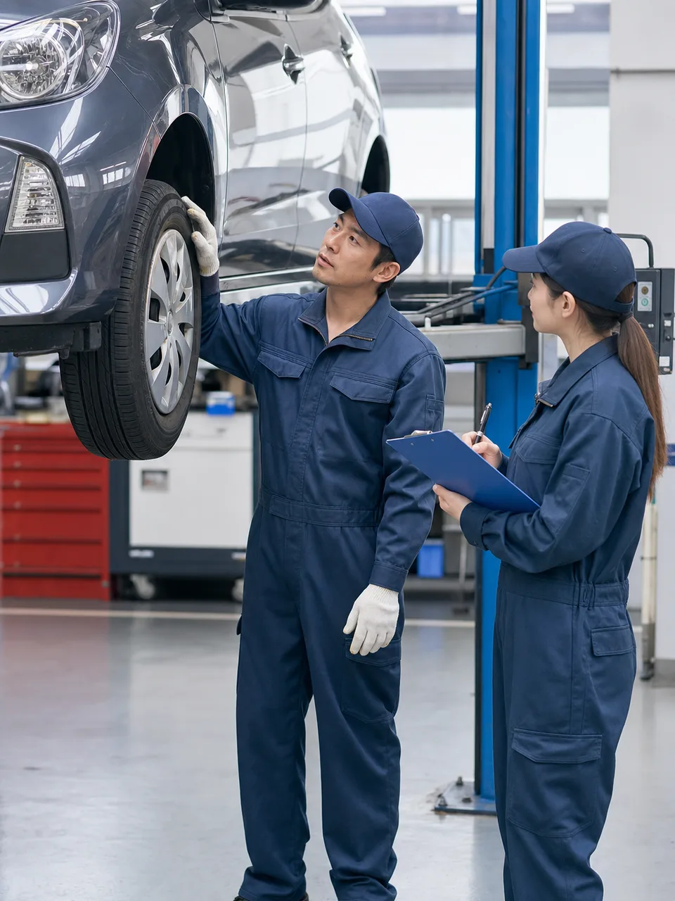 自動車を点検する日本人整備士（自然な縦位置写真）。整備士、自動車点検、車検、安全管理の記事に使える仕事素材です。