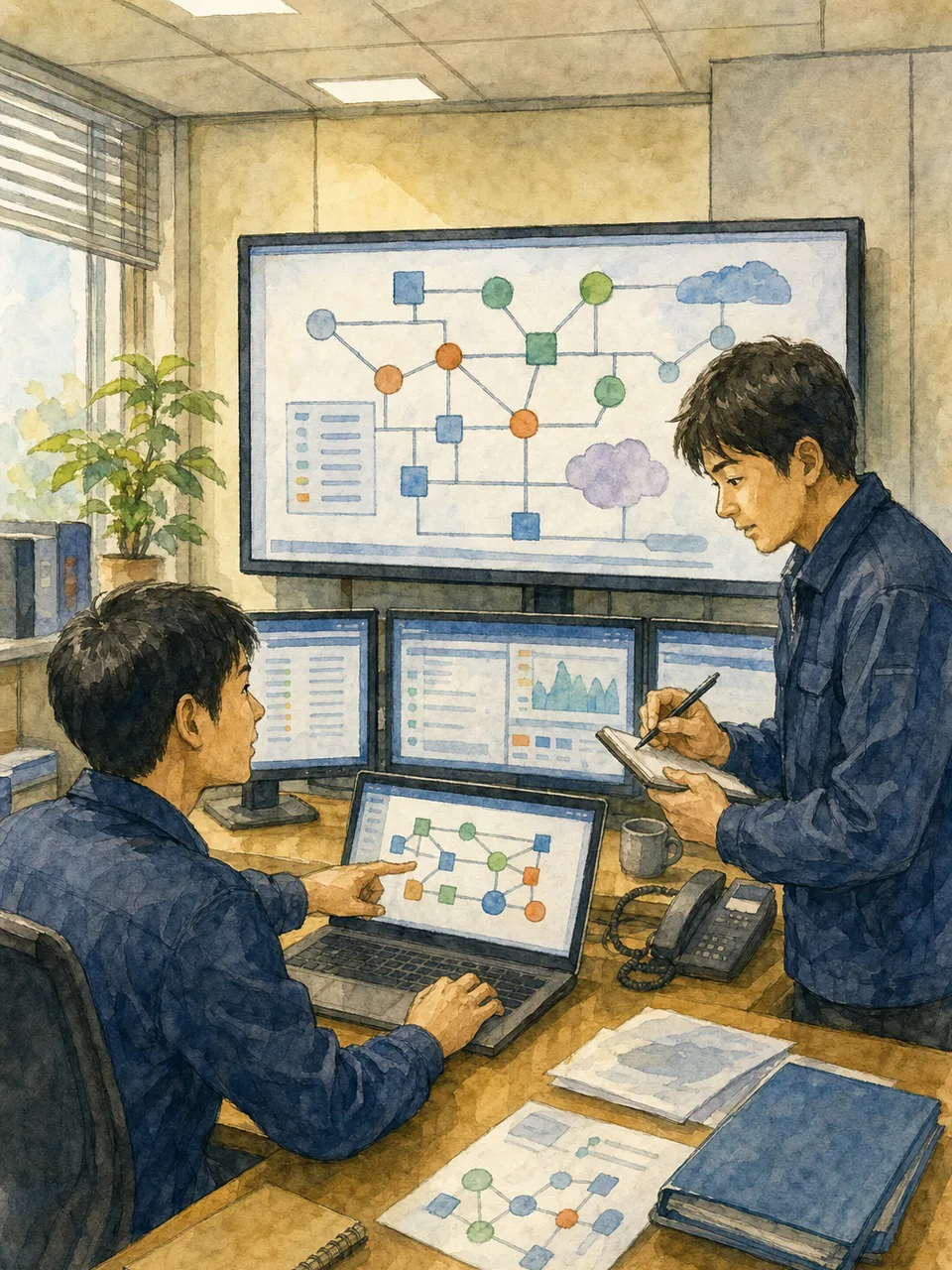 クラウドインフラを運用する日本人技術者（手描き水彩）。クラウドインフラ、システム運用、IT、技術者の記事向け素材です。