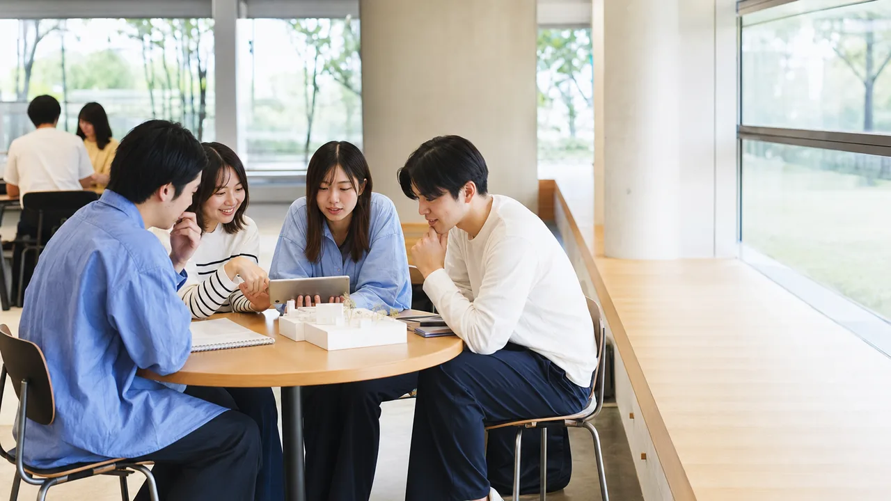 大学でプロジェクトに取り組む学生（横長・コピースペース）。大学案内、就職支援、ゼミ、学生生活を表現できるキャンパス素材です。