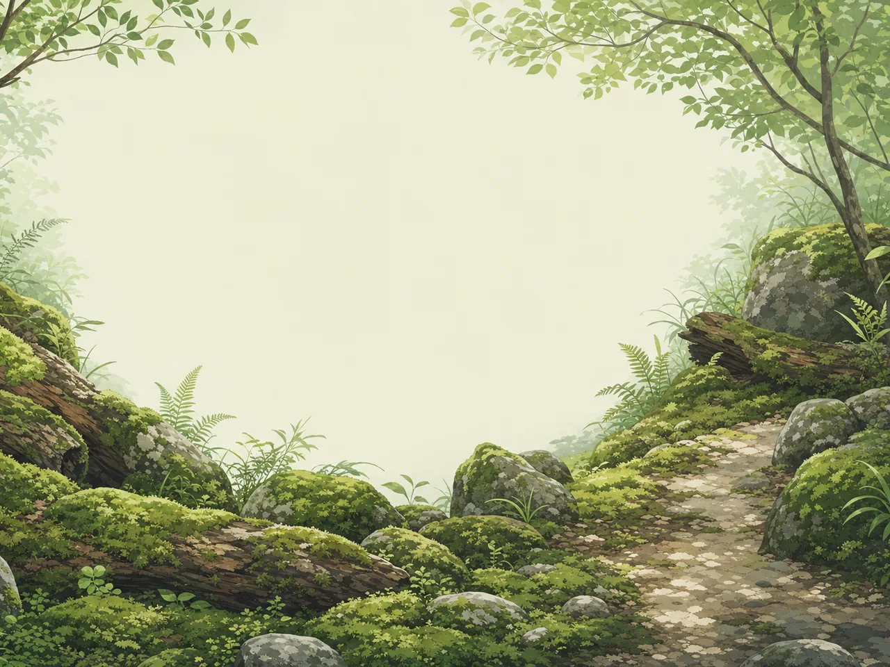 湿潤な日本の苔の森（フレームイラスト）。苔の森、苔、森林、緑の自然向け素材です。