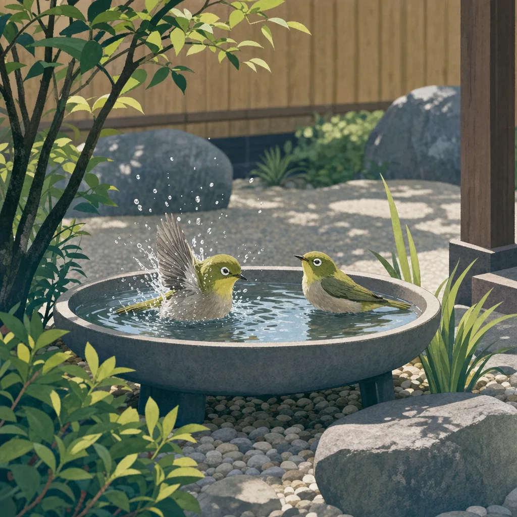 都市の野鳥が利用する水場（編集記事向け）。都市のバードバス、野鳥の水場、野鳥、バードバスの記事や案内に使える商用素材です。