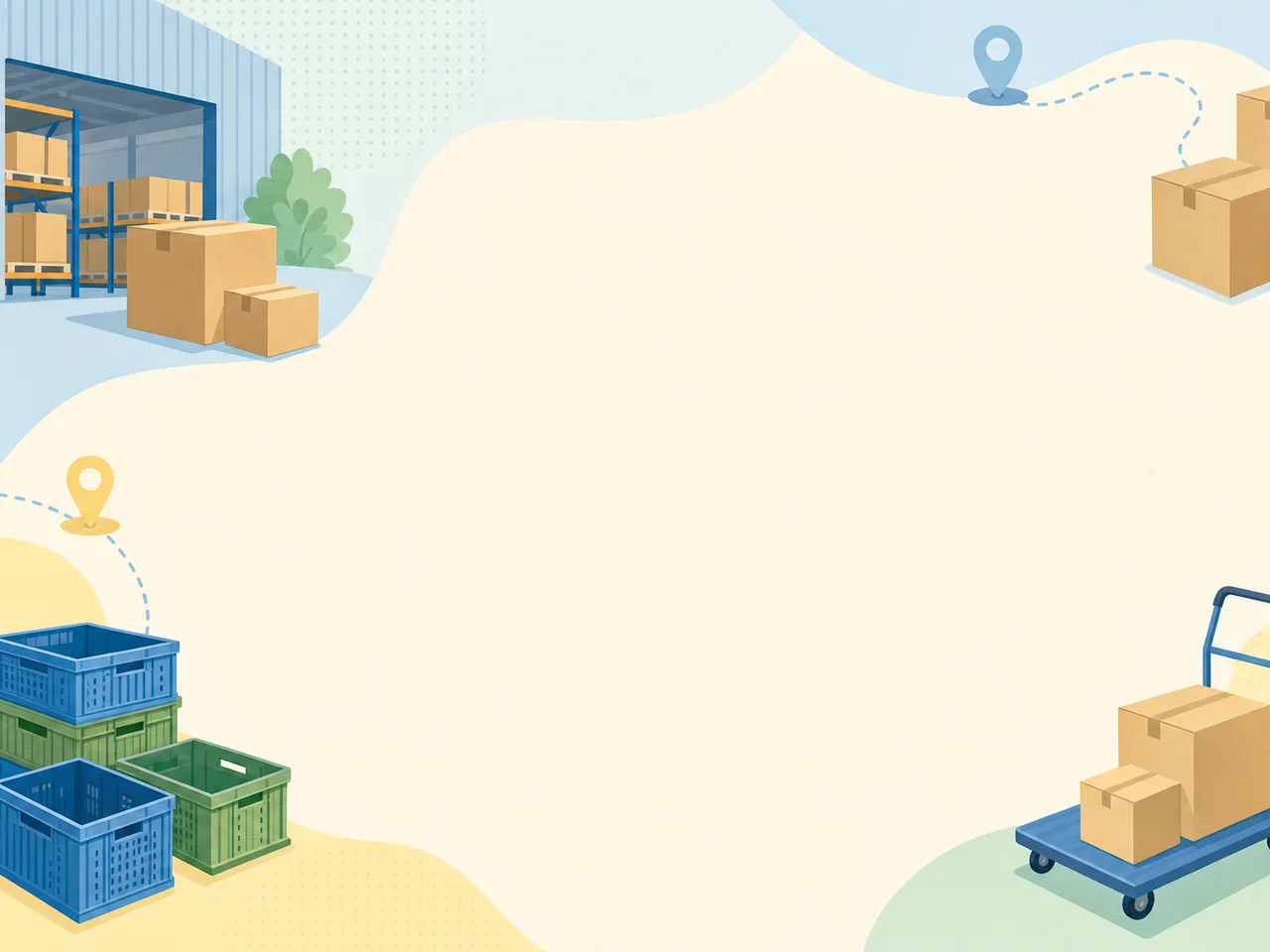 物流と配送に使える背景（フレームイラスト）。物流背景、配送、荷物、倉庫の記事や案内に使える商用素材です。