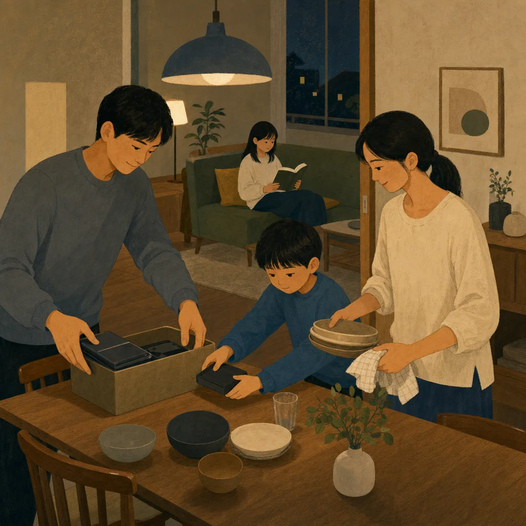 夜を穏やかに過ごす日本人家族（編集記事向け）。夜の過ごし方、家族団らん、ナイトルーティン、家庭の記事や案内に使える商用素材です。