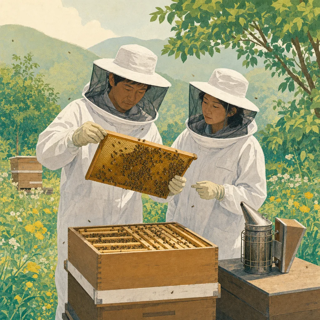 ミツバチを世話する日本人養蜂家（編集記事向け）。養蜂、ミツバチ、蜂蜜、受粉の記事や案内に使える商用素材です。