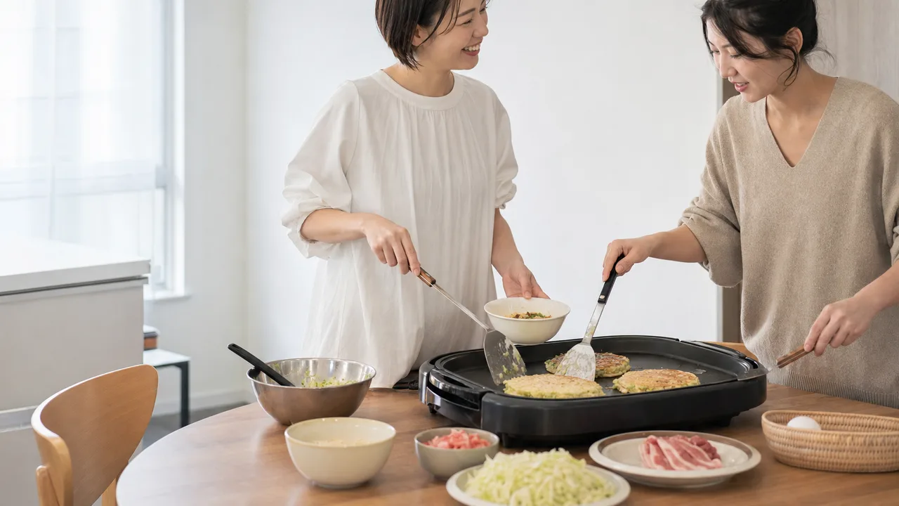 お好み焼きを作る日本人（横長・コピースペース）。お好み焼き、家庭料理、関西グルメ、友人の記事向け素材です。