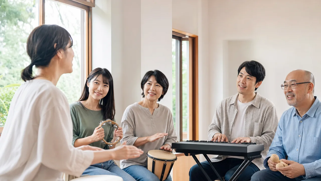 音楽教室で演奏を学ぶ日本人（横長・コピースペース）。音楽教室、楽器練習、習い事、生涯学習の記事向け素材です。
