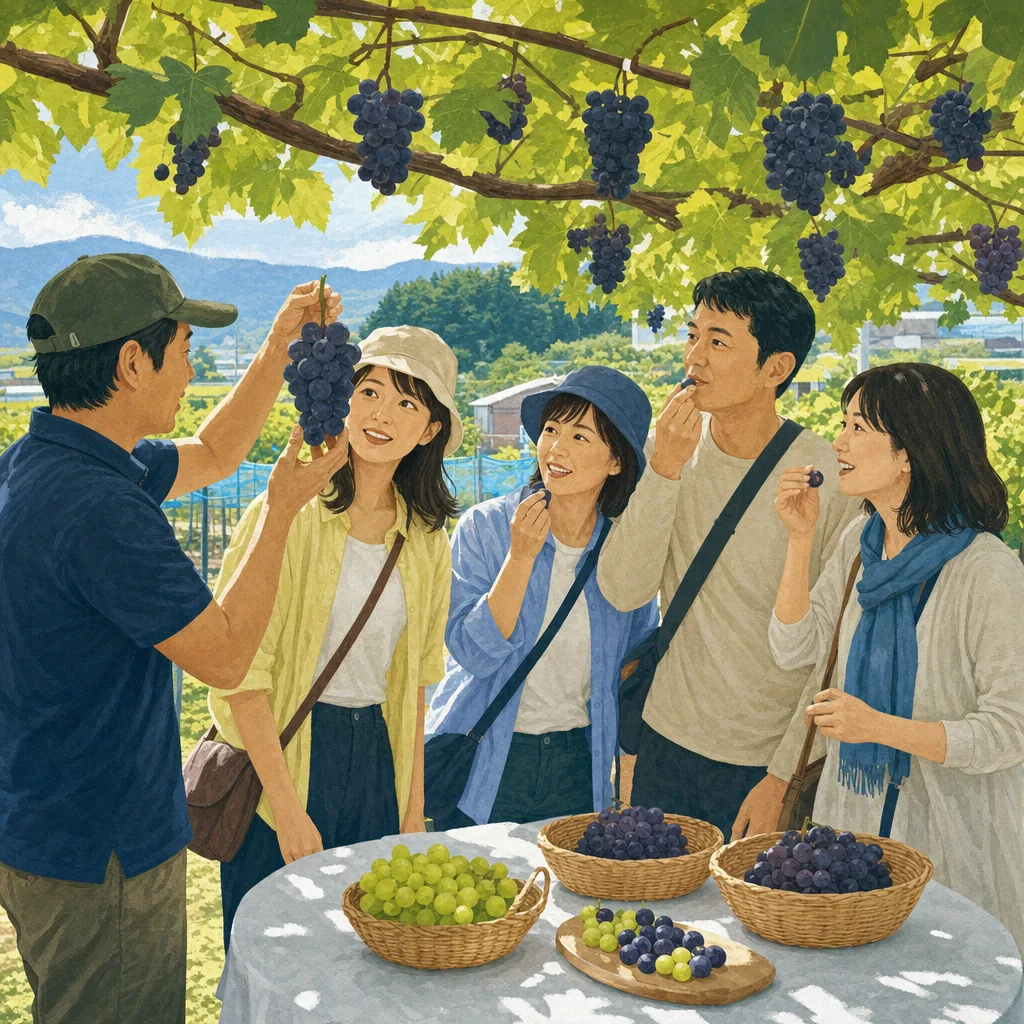 山梨のぶどう畑を訪れる旅行者（編集記事向け）。山梨旅行、ぶどう畑、果樹園、ぶどう狩りの記事や案内に使える商用素材です。