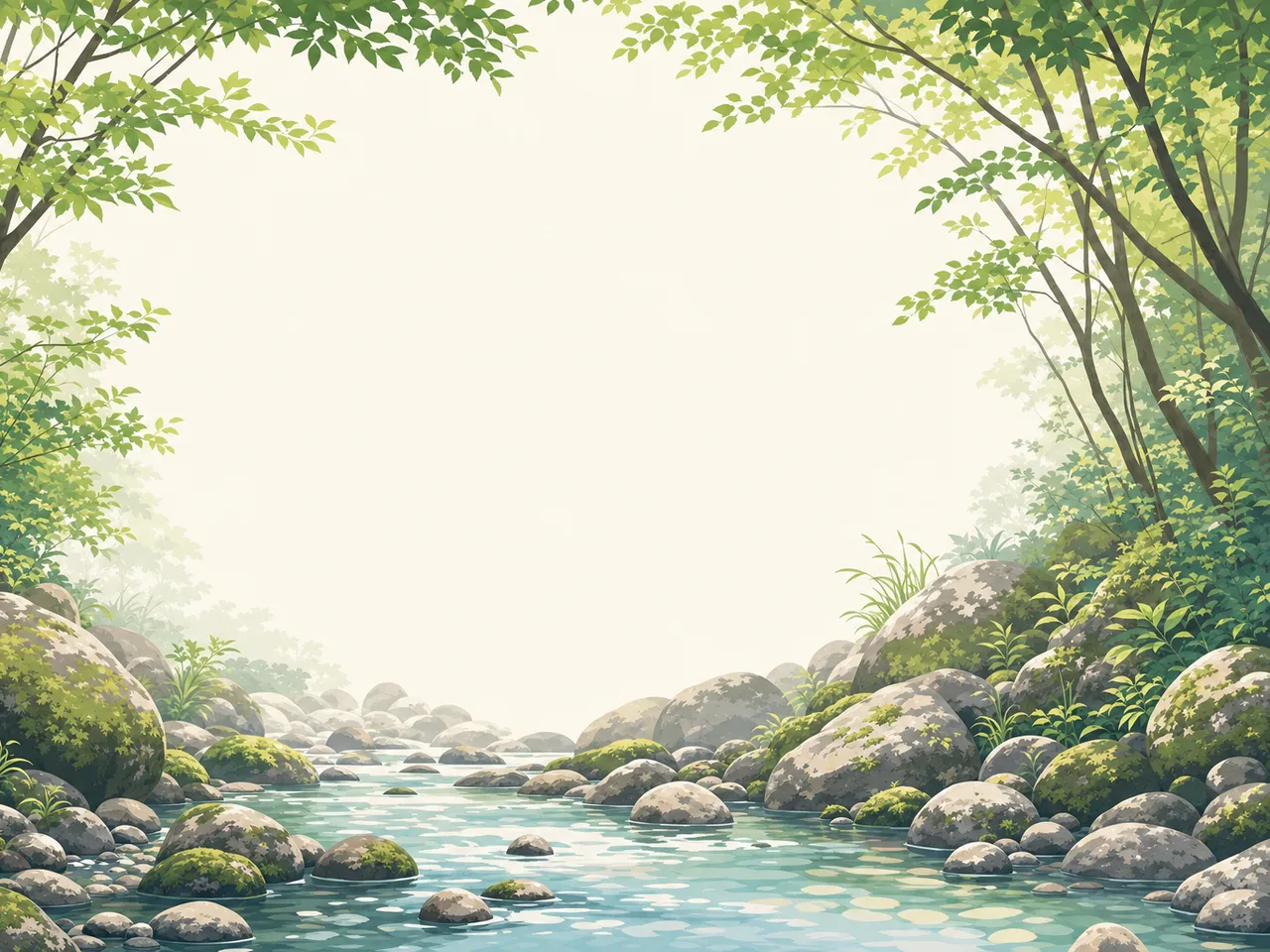 森を流れる日本の渓流（フレームイラスト）。渓流、清流、森、水辺、自然風景向け素材です。