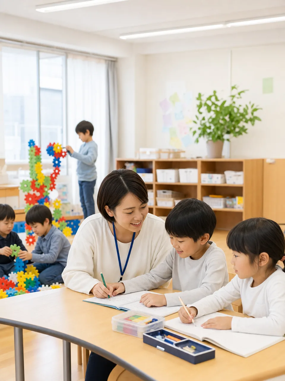 学童保育で過ごす日本人の子どもたち（自然な縦位置写真）。学童保育、放課後、子育て支援、子どもの生活の記事向け素材です。