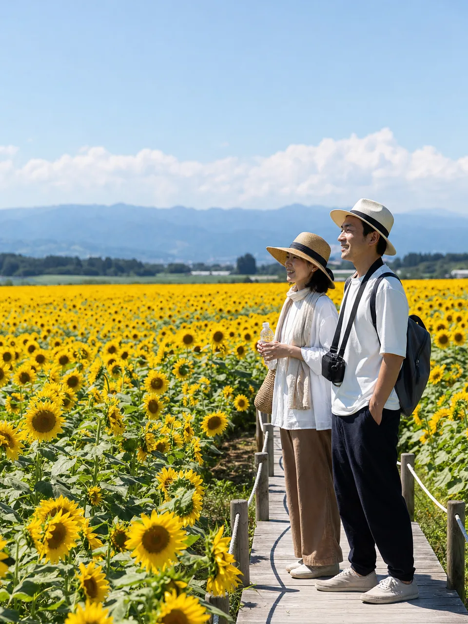 ひまわり畑を訪れる日本人（自然な縦位置写真）。ひまわり畑、夏、花、国内旅行の記事に使える素材です。