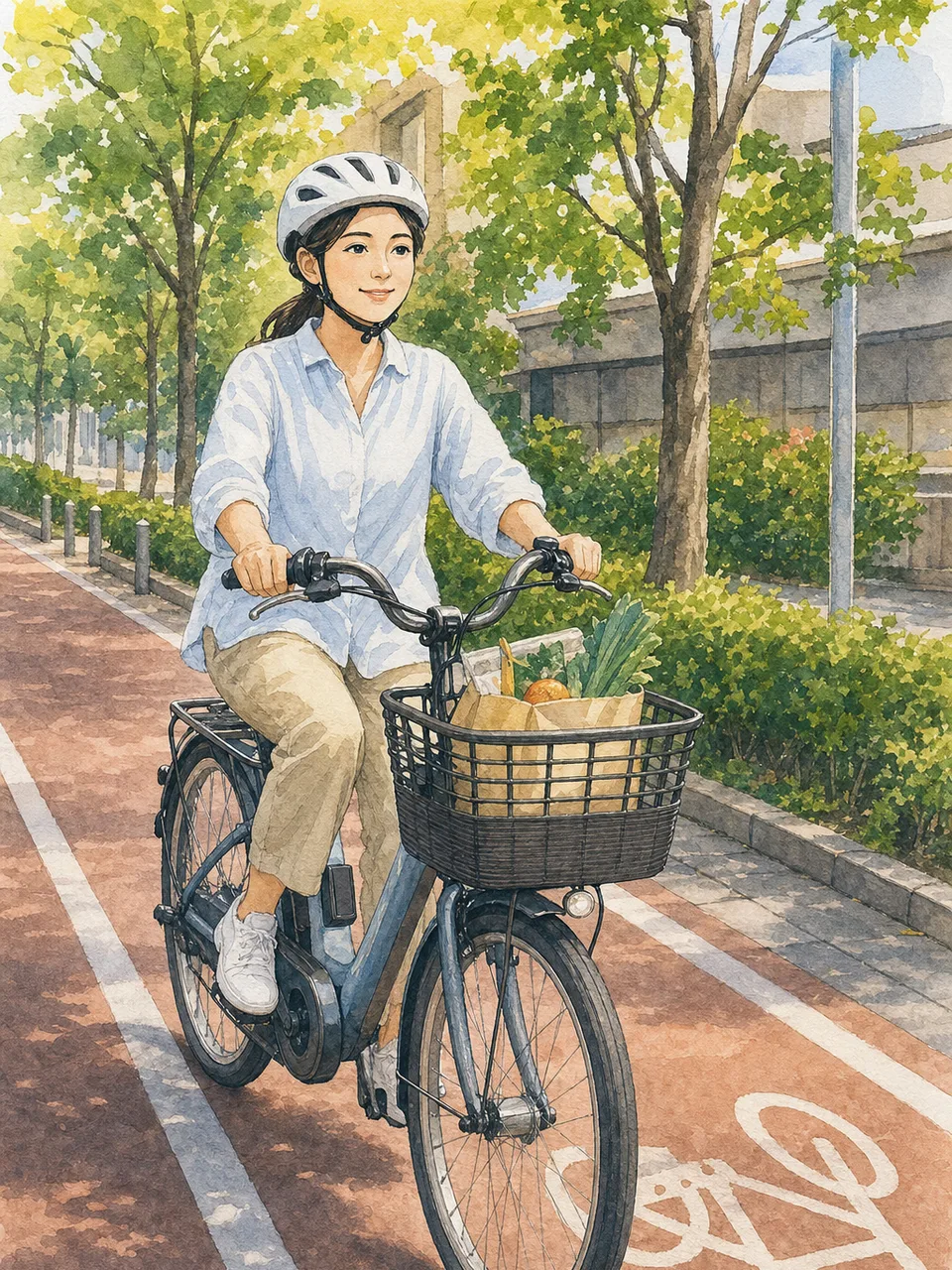 電動自転車で買い物に行く日本人（手描き水彩）。電動自転車で買い物、電動アシスト自転車、自転車の買い物、ヘルメットの記事や案内に使える商用素材です。