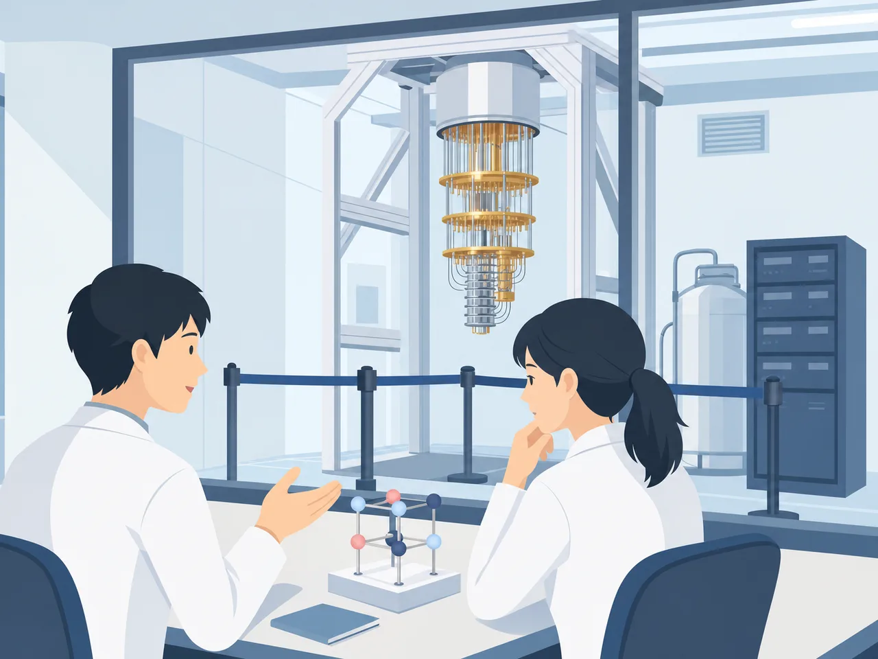 量子コンピュータを研究する日本人（フラットイラスト）。量子コンピュータ、量子技術、研究開発、大学研究の記事や案内に使える商用素材です。