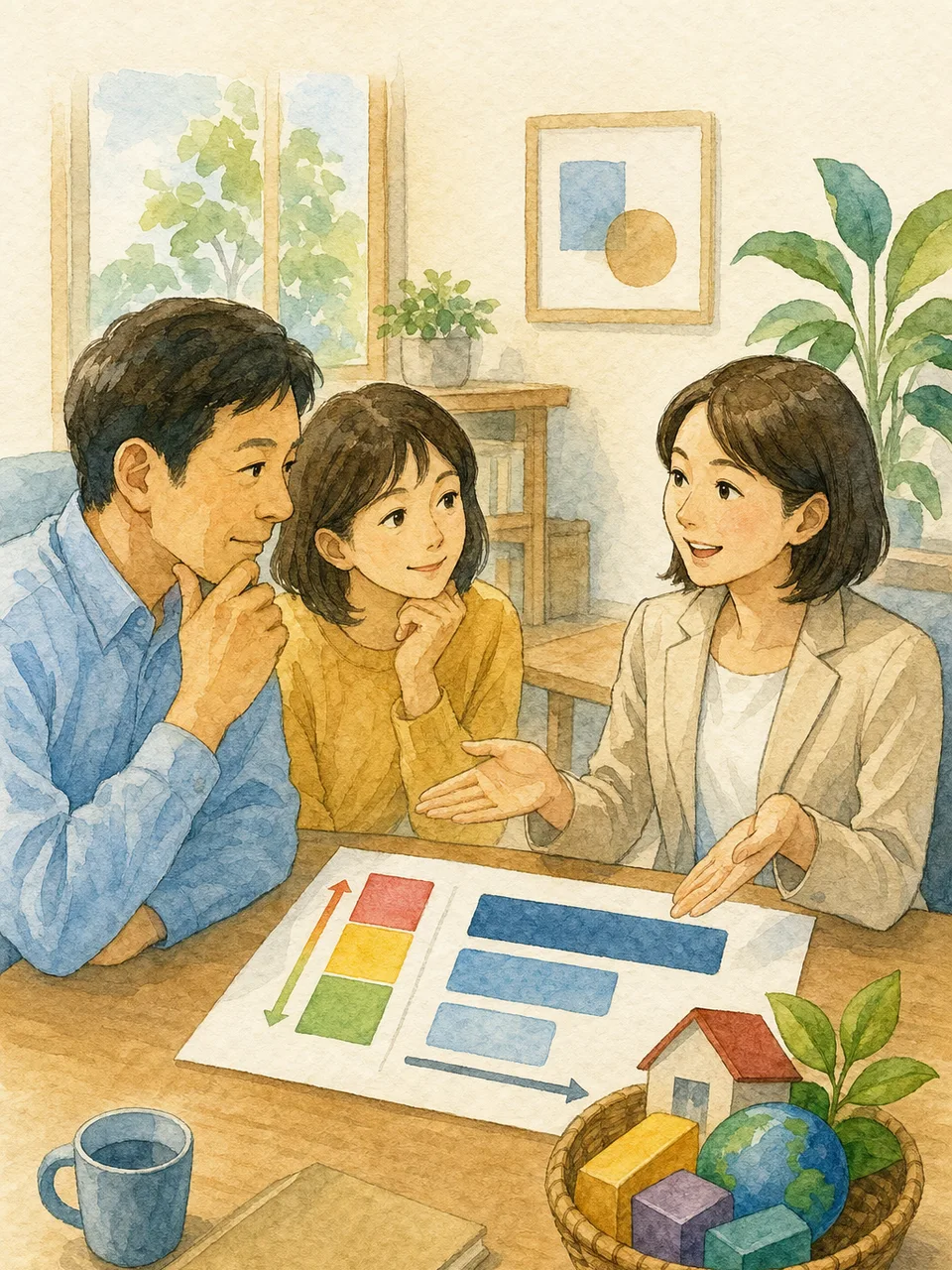 資産運用を学ぶ日本人初心者（手描き水彩）。投資初心者講座、金融教育、資産運用、分散投資の記事や案内に使える商用素材です。