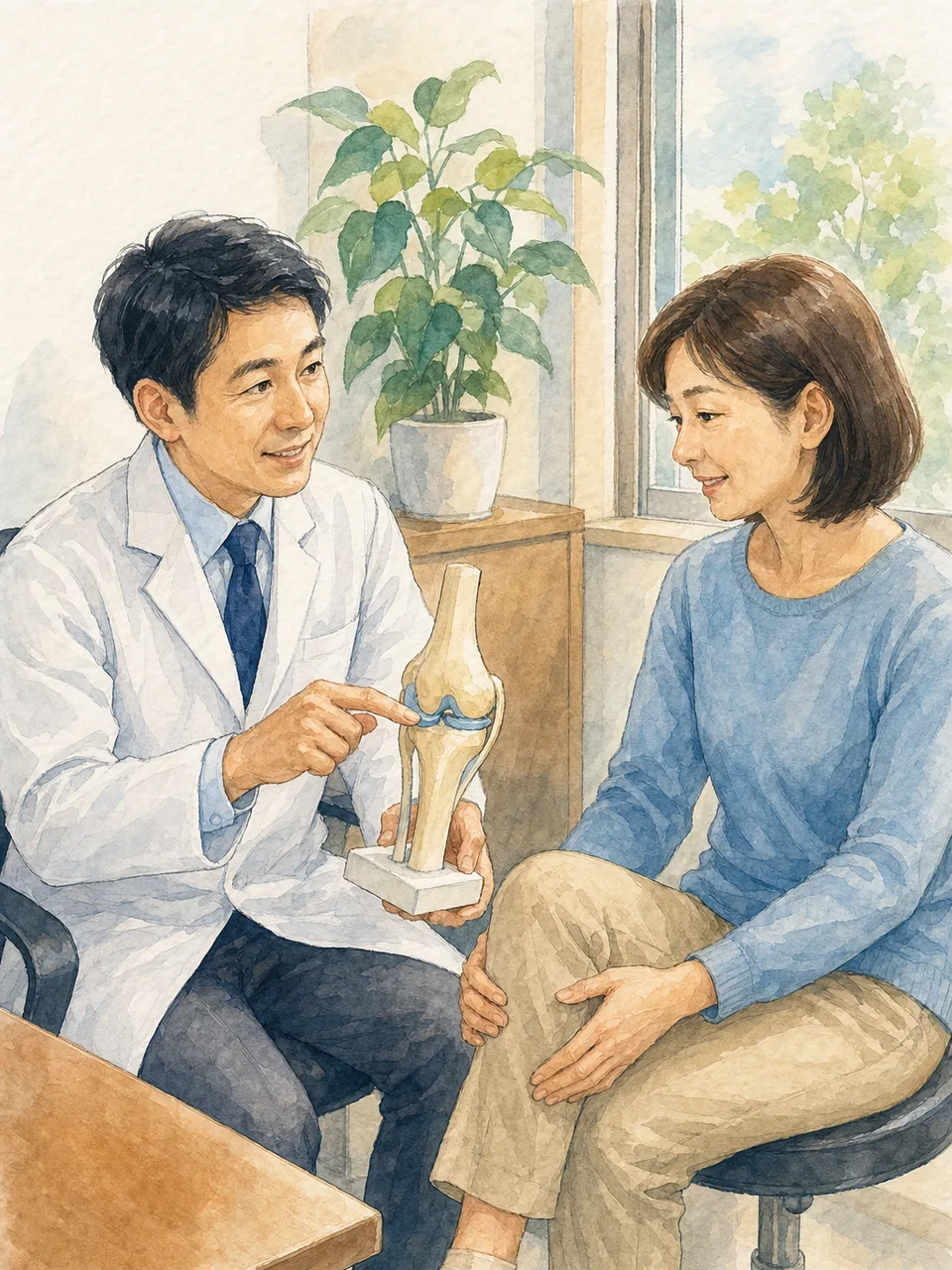 整形外科で相談する日本人患者（手描き水彩）。整形外科、関節、運動器、リハビリ相談の記事向け素材です。