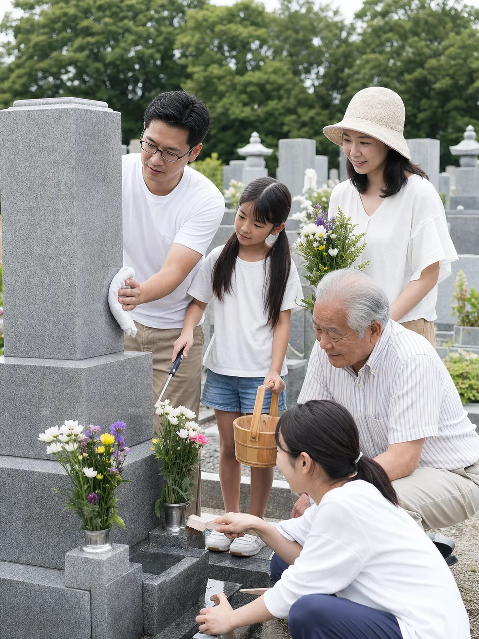 お盆に家族でお墓参りをする日本人（自然な縦位置写真）。お盆、帰省、家族行事、供養を丁寧に伝える季節素材です。