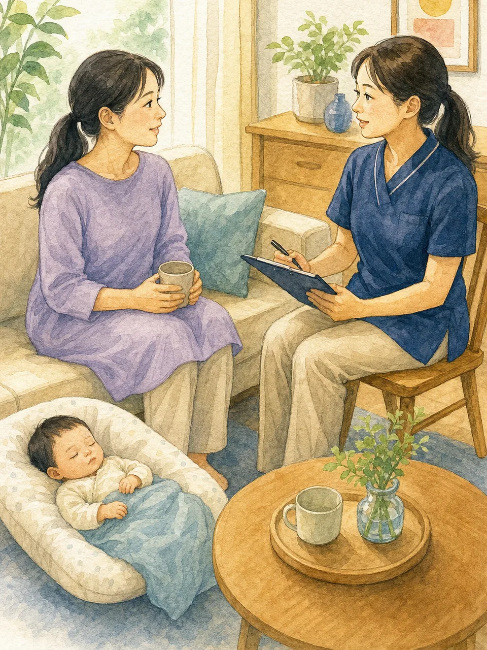 産後健診を受ける日本人の母親（手描き水彩）。産後健診、産後ケア、母親支援、助産師の記事や案内に使える商用素材です。