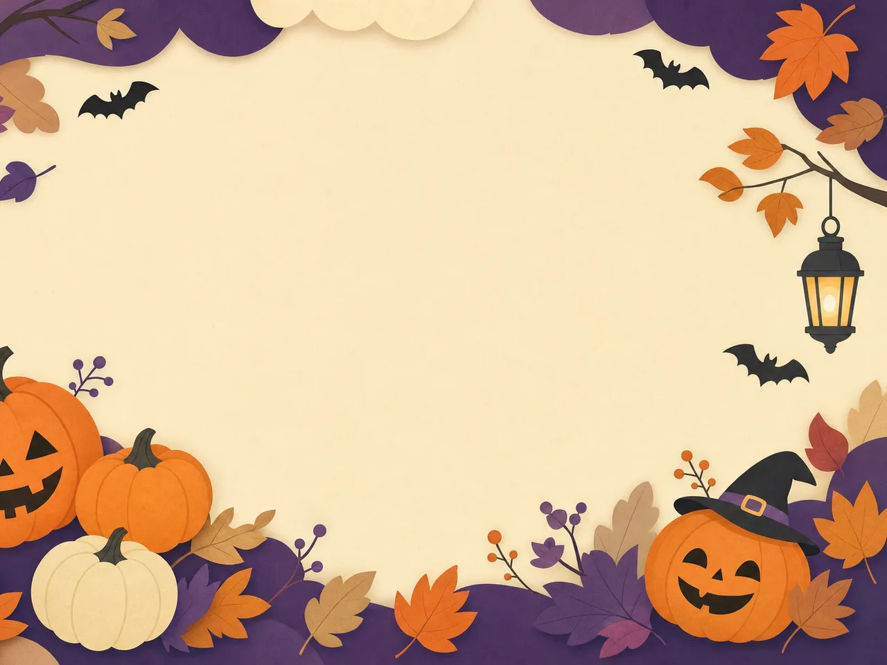 ハロウィンの余白背景（フレームイラスト）。イベント告知やSNS投稿に文字を配置しやすい、親しみやすいハロウィン背景です。