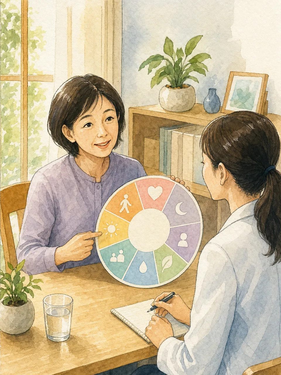 更年期の健康を相談する日本人女性（手描き水彩）。更年期相談、女性の健康、更年期、婦人科相談の記事や案内に使える商用素材です。