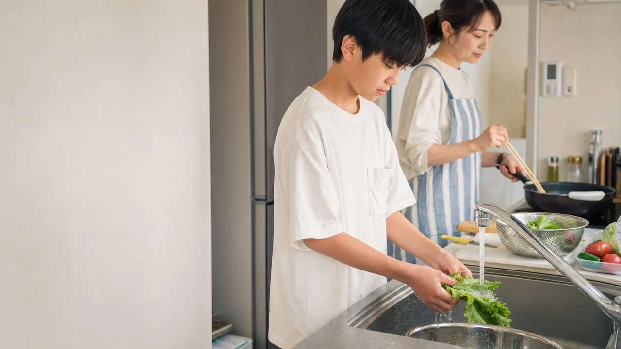 一緒に料理する日本人の母と息子（横長・コピースペース）。母と息子、親子料理、家事、食育の記事向け素材です。