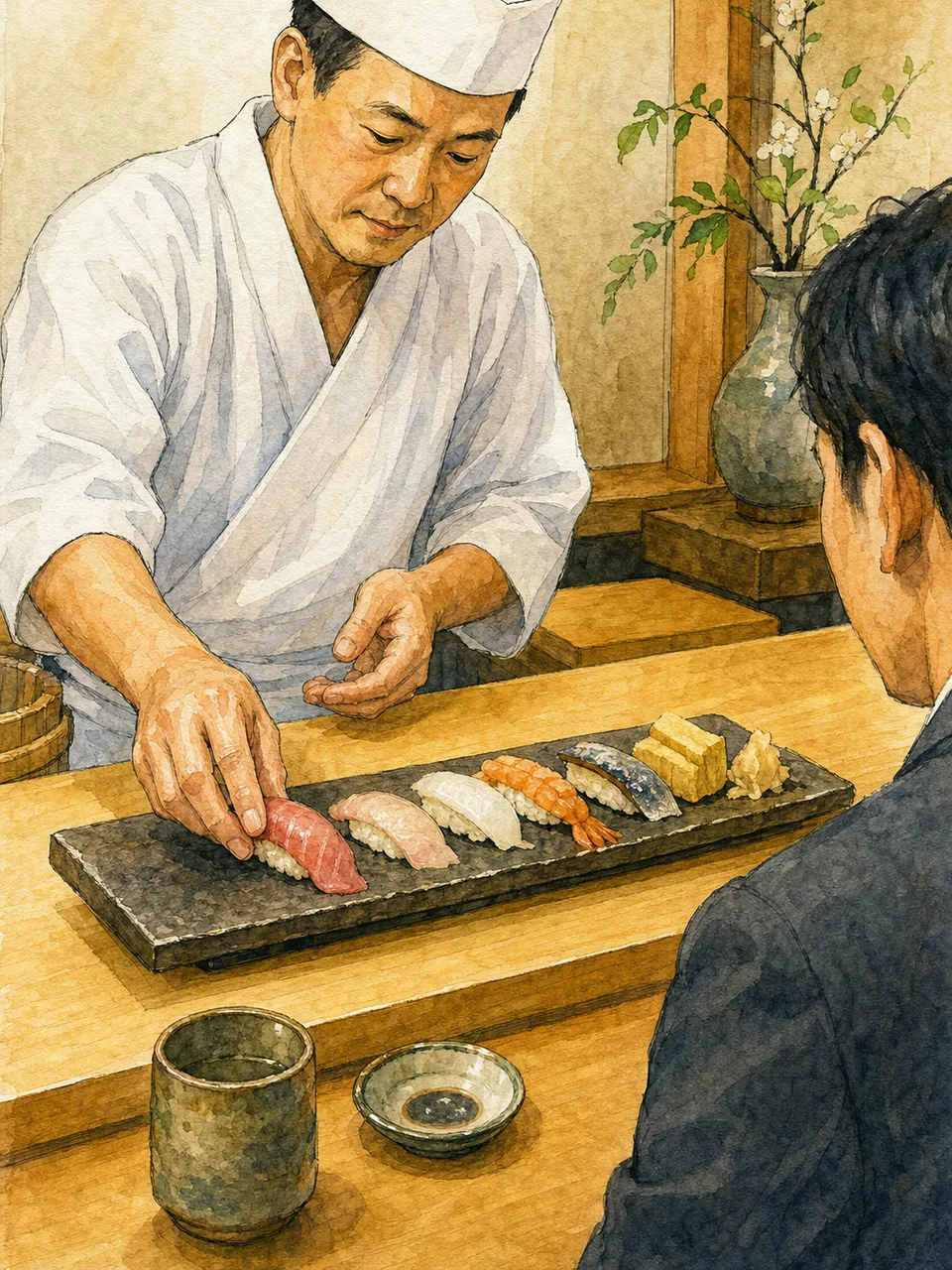 寿司を握る日本人職人（手描き水彩）。寿司、日本料理、職人、飲食店の紹介に使える調理場面です。