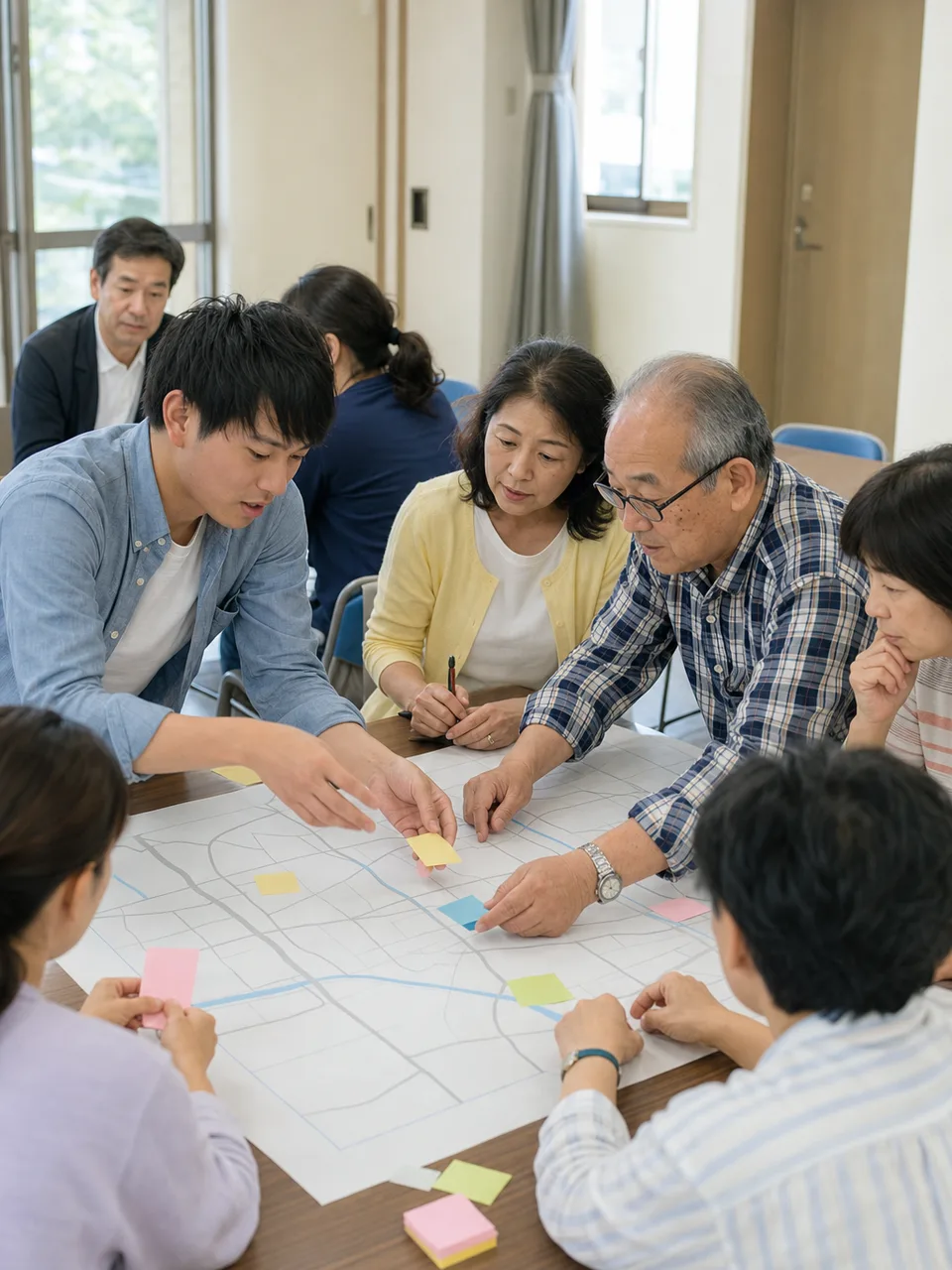 町内会で話し合う日本人住民（自然な縦位置写真）。町内会、自治会、地域コミュニティ、住民活動の記事向け素材です。