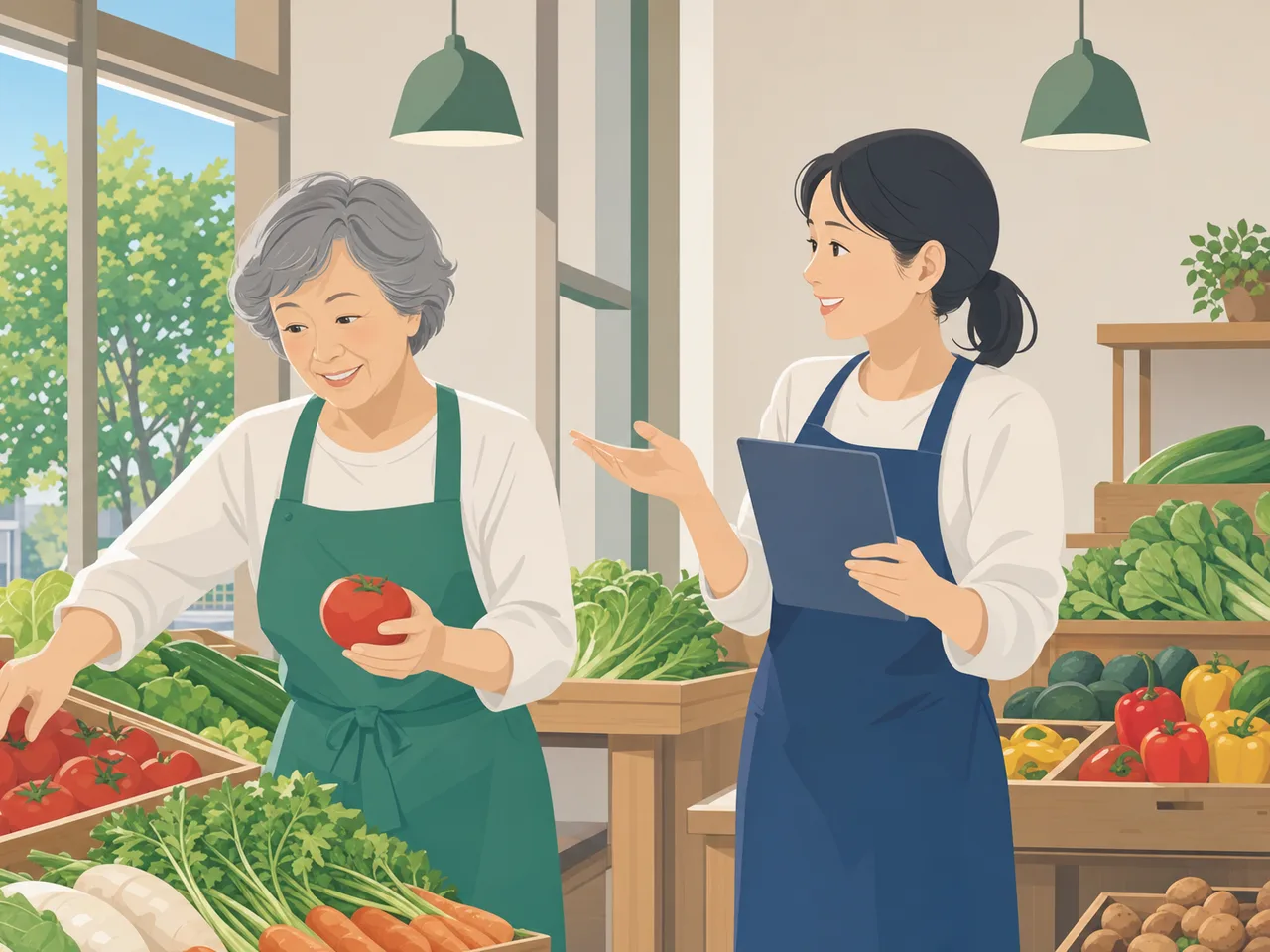 いきいきと働く日本人シニア（フラットイラスト）。シニア就労、再雇用、地域の仕事、生涯現役の記事に使える素材です。