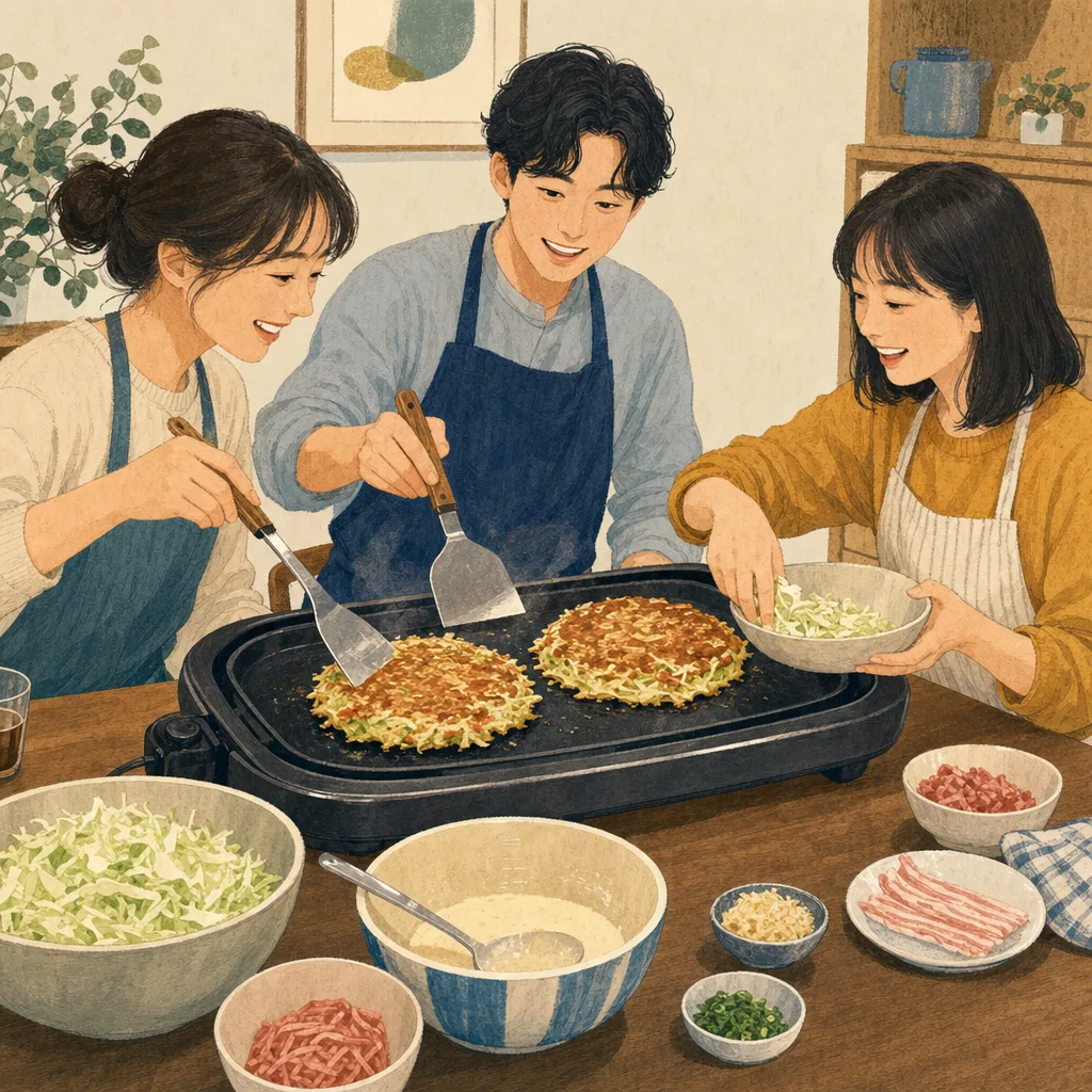 お好み焼きを作る日本人（編集記事向け）。お好み焼き、家庭料理、関西グルメ、友人の記事向け素材です。