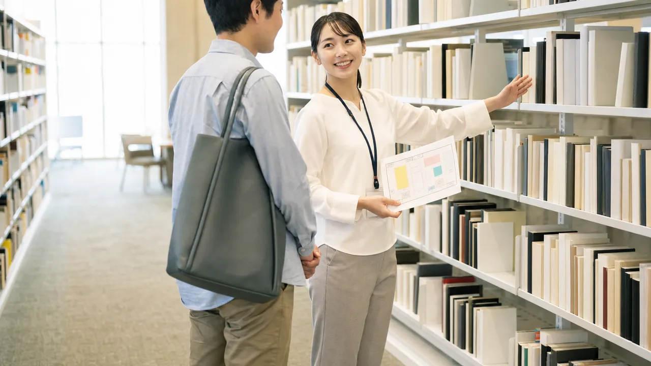 本探しを手伝う日本人図書館司書（横長・コピースペース）。図書館司書、図書館、読書、学習支援の記事に使える素材です。