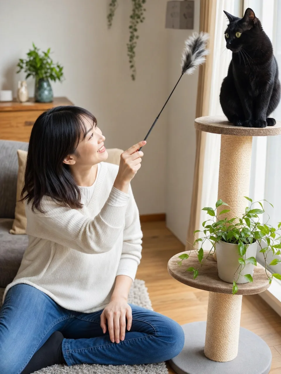 黒猫と暮らす日本人（自然な縦位置写真）。黒猫、猫、ペットとの暮らし、日常の記事向け素材です。