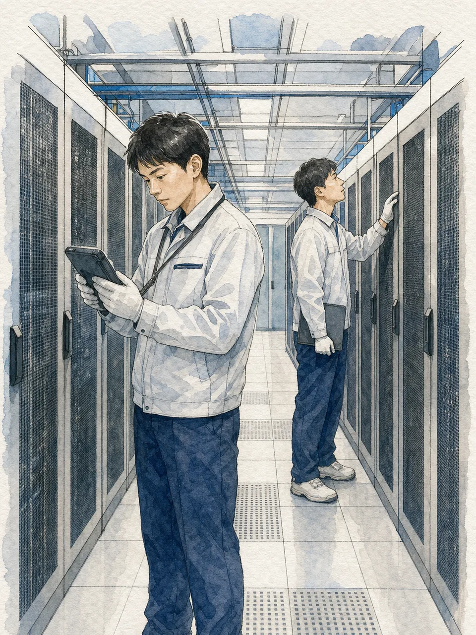 データセンターを点検する日本人技術者（手描き水彩）。データセンター、サーバー、ITインフラ、保守の記事向け素材です。