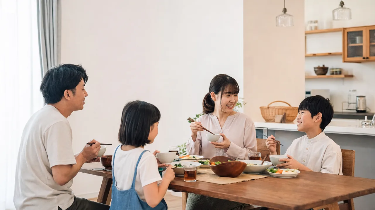 食卓を囲む日本人のステップファミリー（横長・コピースペース）。ステップファミリー、再婚家庭、家族の食卓、子育ての記事や案内に使える商用素材です。