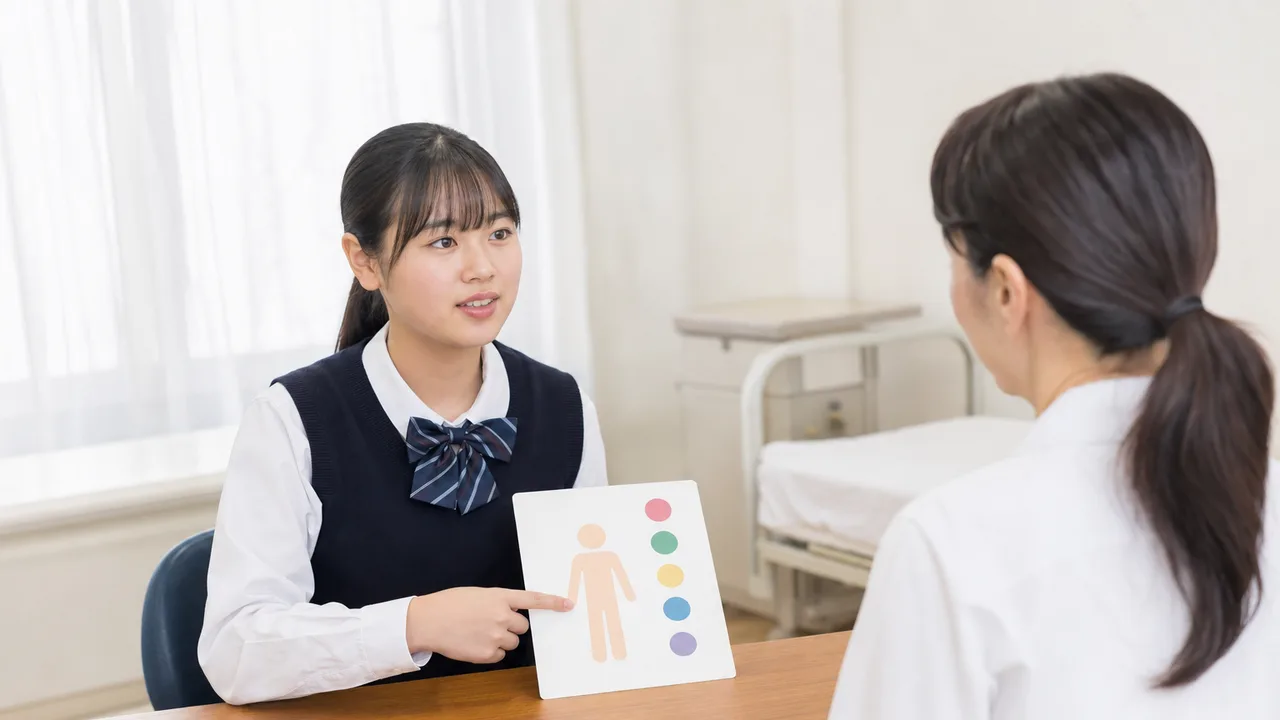 保健室で相談する日本人の生徒（横長・コピースペース）。保健室、養護教諭、健康相談、生徒の記事や案内に使える商用素材です。