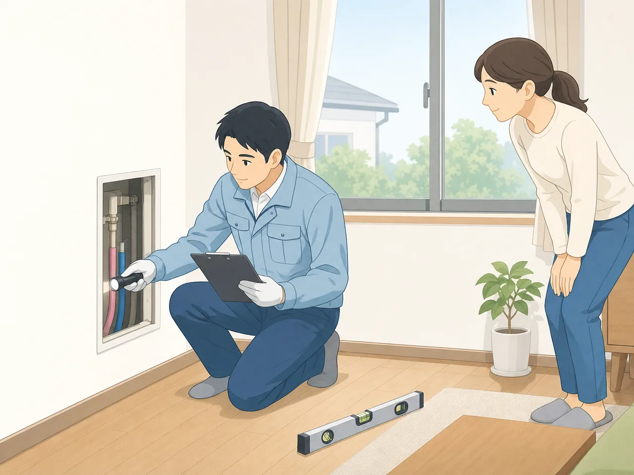 住宅点検をする日本人専門家（フラットイラスト）。住宅点検、ホームインスペクション、建物診断、住宅購入の記事向け素材です。