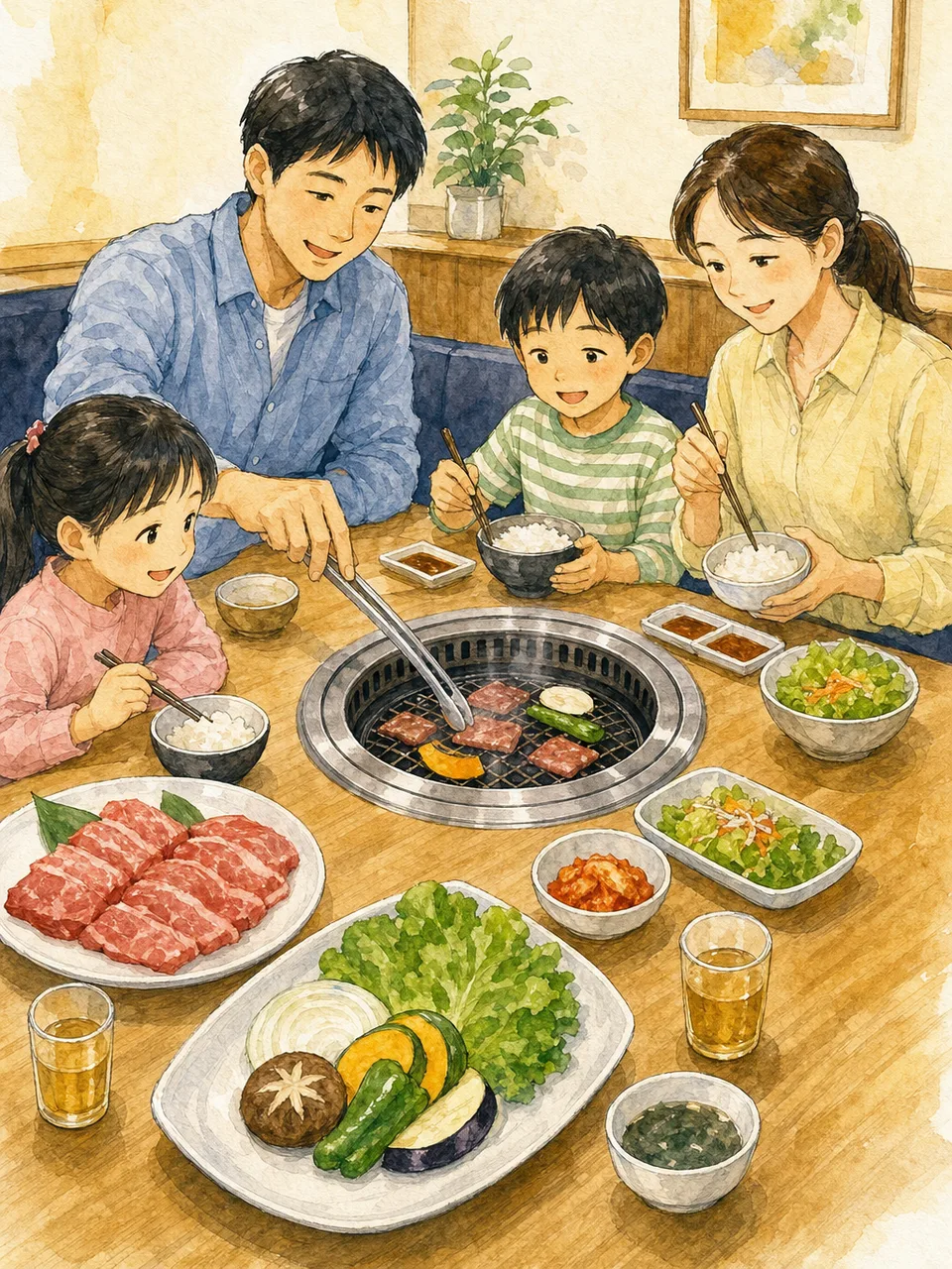 焼肉を楽しむ日本人家族（手描き水彩）。焼肉、家族、外食、食事の記事に使える素材です。