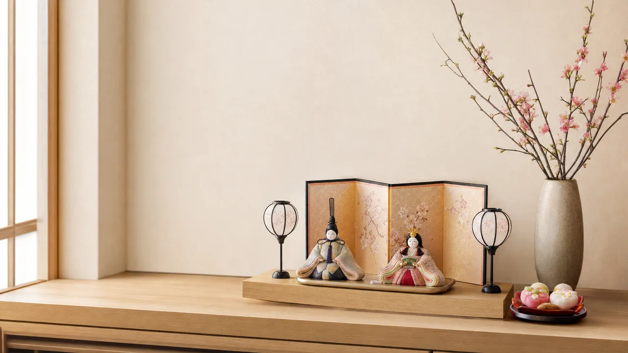 ひな祭りを彩るひな人形と桃の花（横長・余白背景）。ひな祭り、桃の節句、春、日本文化のデザインに使える素材です。