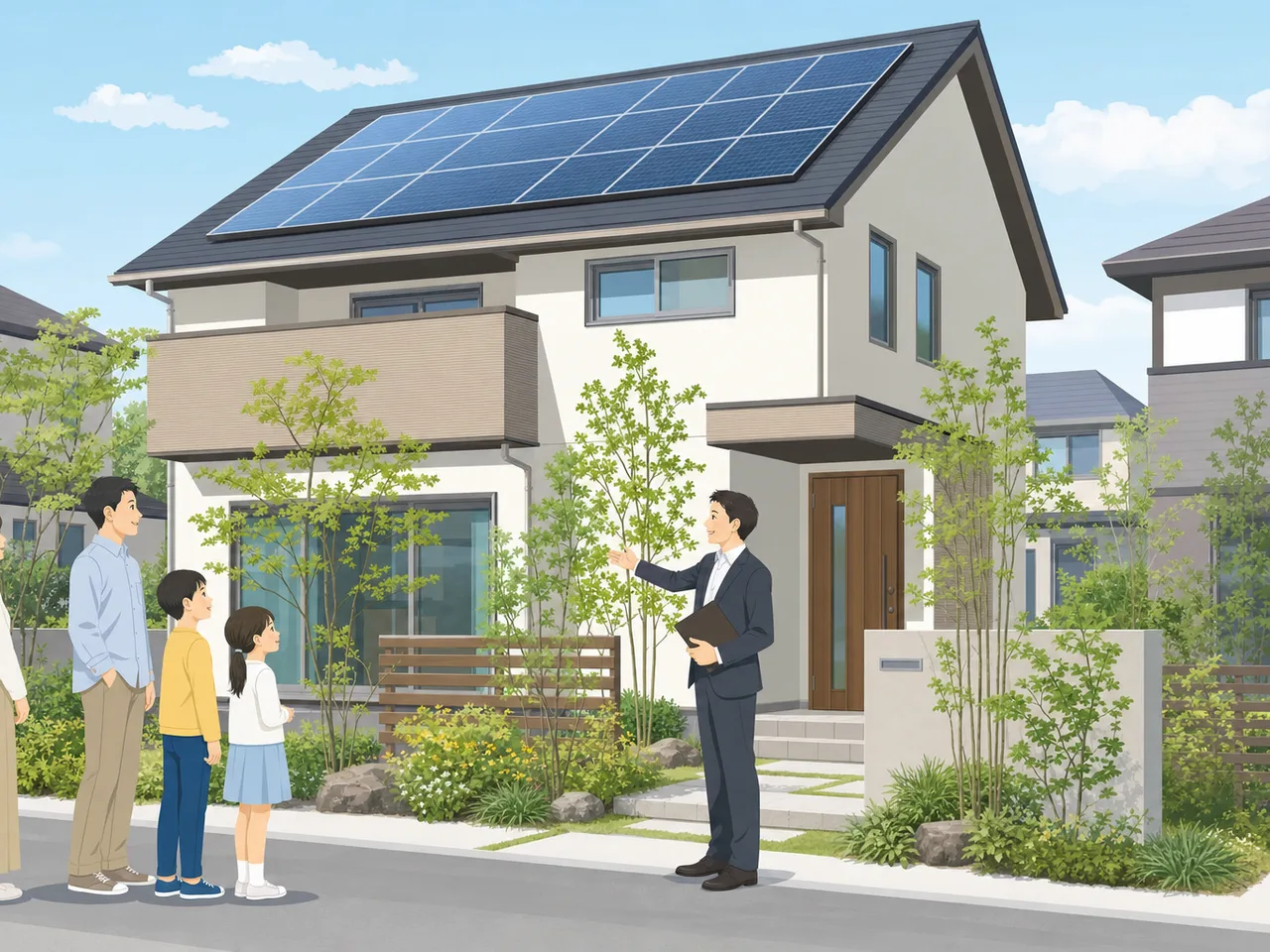 太陽光発電を備えた省エネ住宅（フラットイラスト）。省エネ住宅、太陽光発電、脱炭素、住宅設備の記事向け素材です。