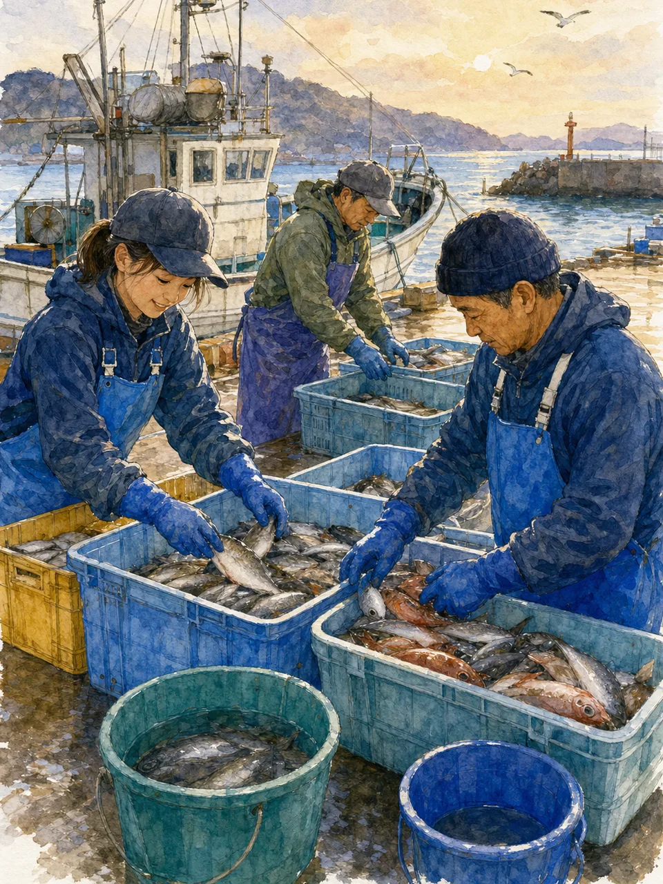 漁港で水揚げをする日本の漁業者（手描き水彩）。漁業、一次産業、水産、地域産業の記事に使える仕事素材です。