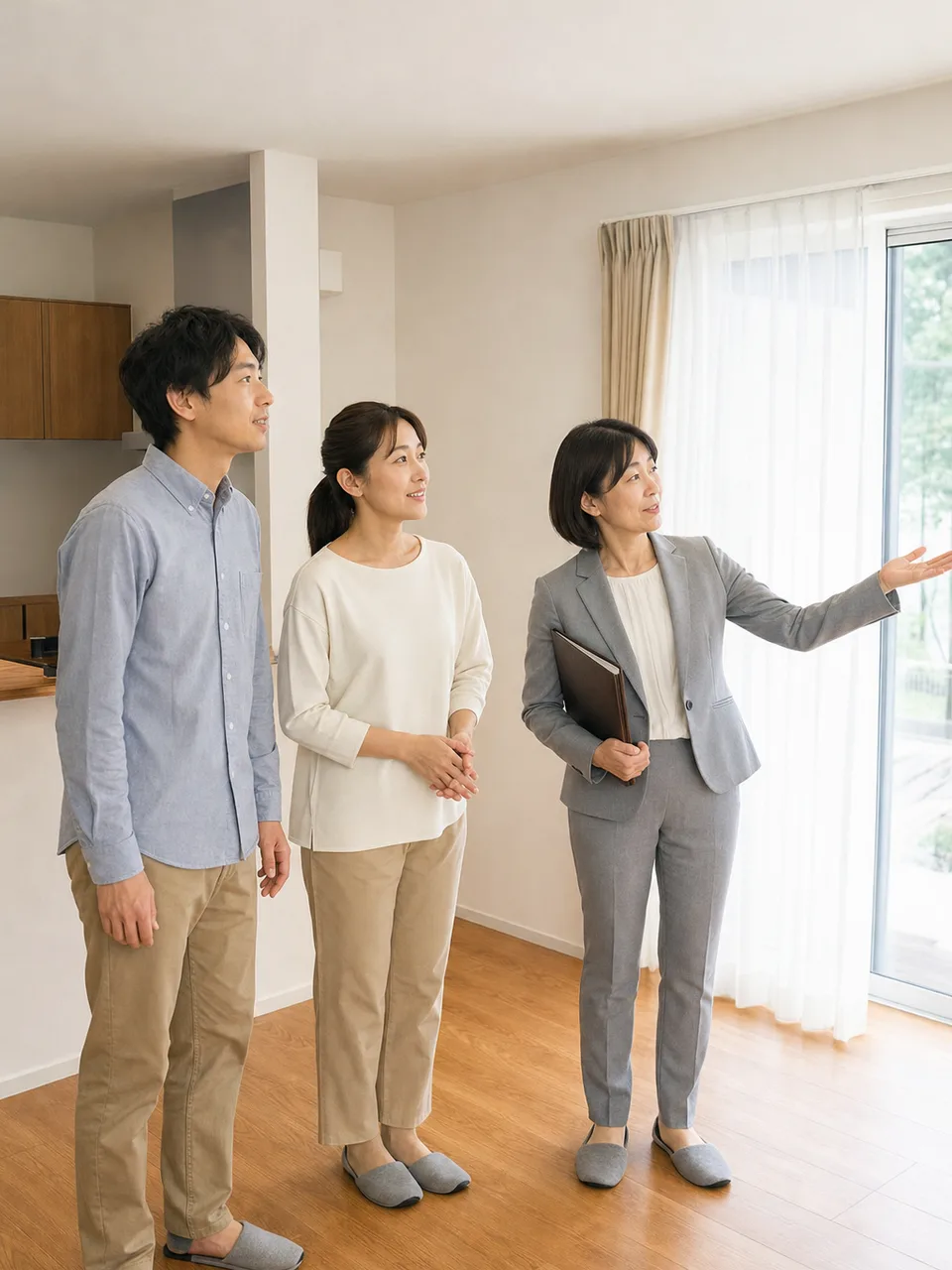 平屋を見学する日本人（自然な縦位置写真）。平屋、戸建て、バリアフリー、住宅見学の記事向け素材です。
