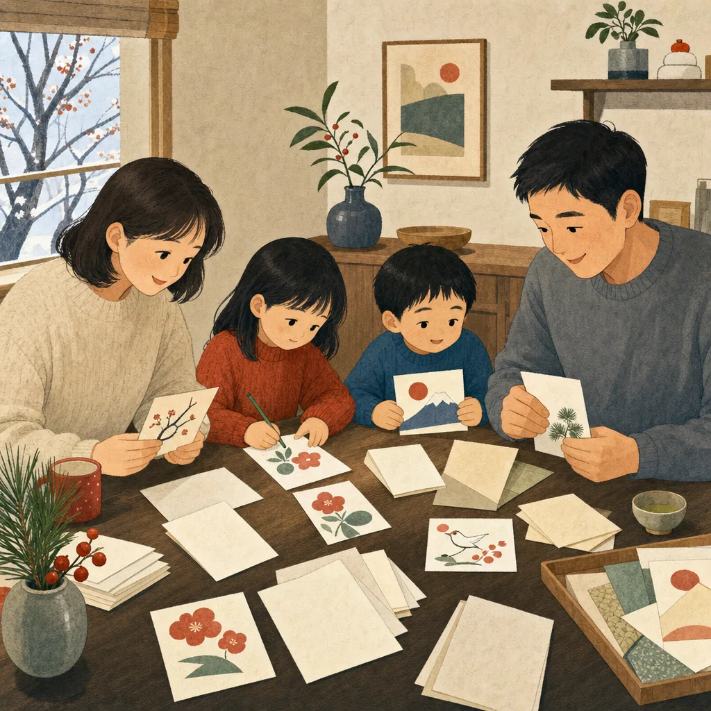 年賀状を準備する日本人家族（編集記事向け）。年賀状、年末、挨拶、家族行事の記事向け素材です。