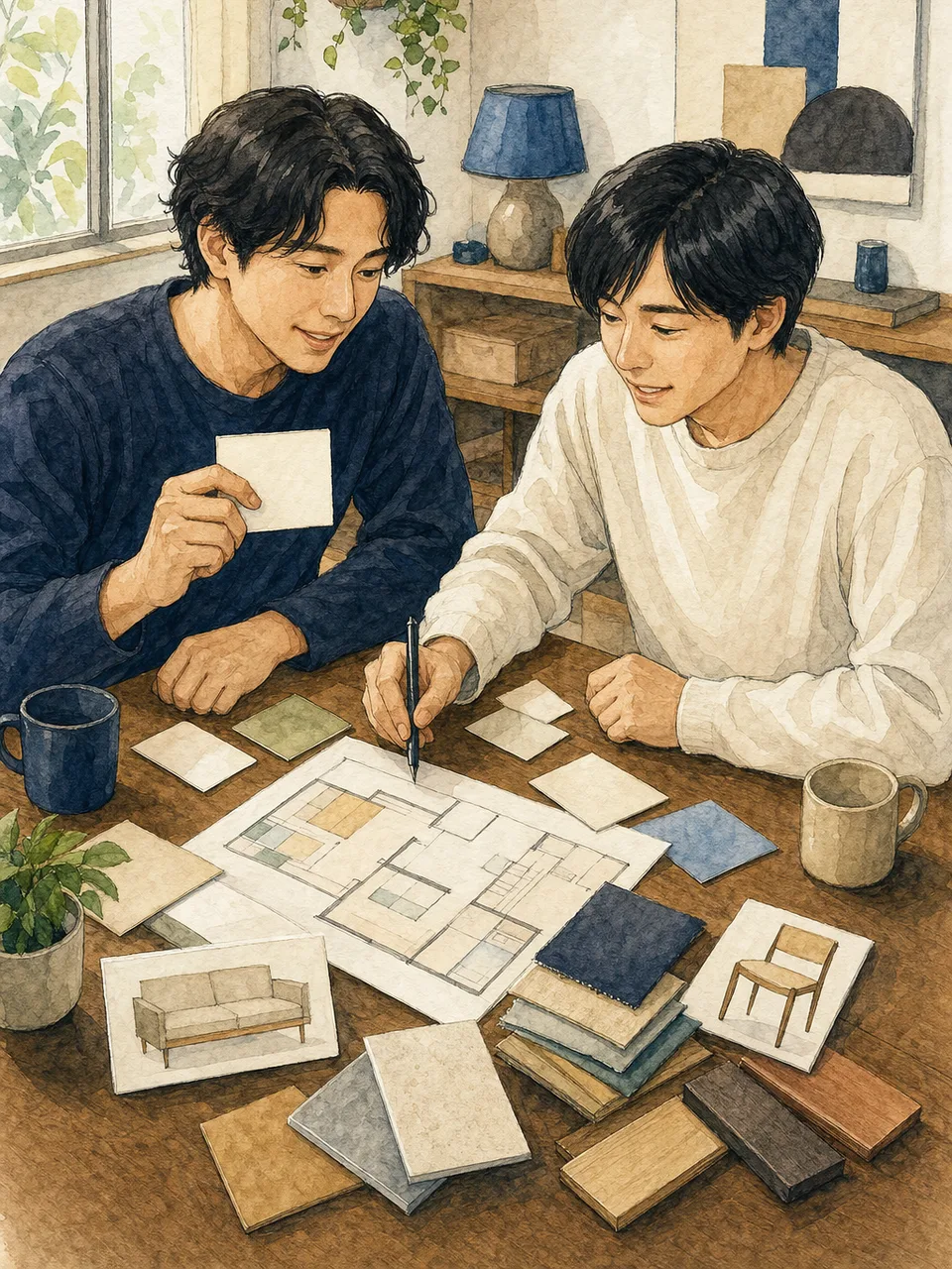 新生活を計画する日本人同性カップル（手描き水彩）。同性カップルの住宅相談、二人暮らしの住まい計画、同性カップル、LGBTQの記事や案内に使える商用素材です。