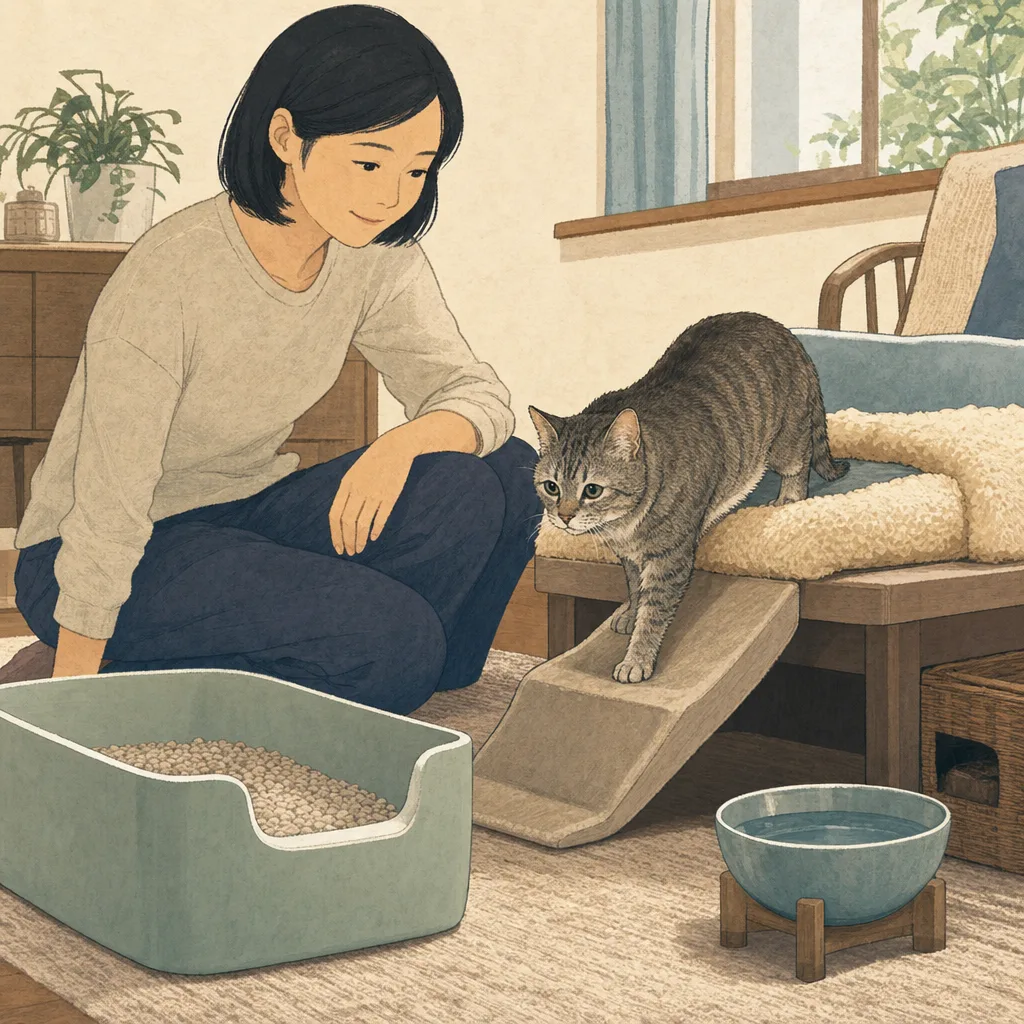 老猫をやさしく見守る日本人（編集記事向け）。老猫介護、シニア猫、ペットケア、暮らしの記事向け素材です。